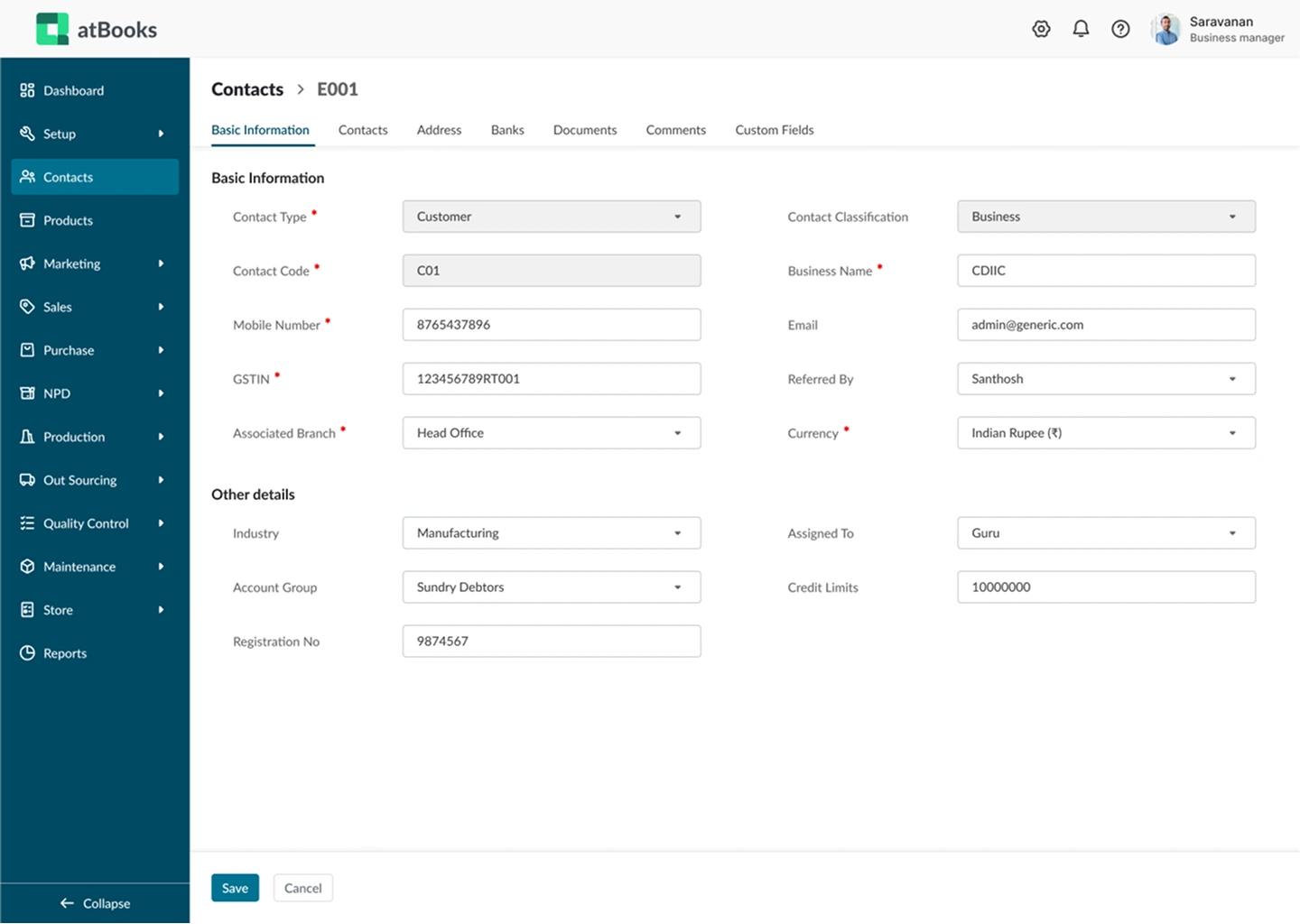 Contact and Product Management interface